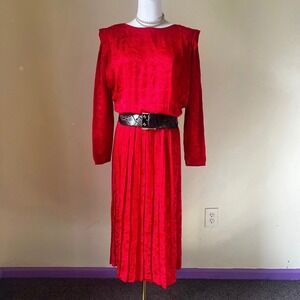 Vintage Argenti Red Silk Jacquard Pleated Midi Dress Size 6